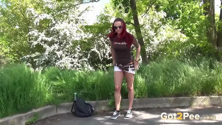 Pretty Redhead Pees Outside in Shorts - Pissing Outdoor - FullHD 1080p - pissing porn video at PornUria